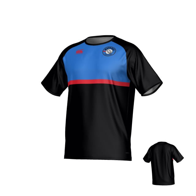 The Mudsock Rugby Canterbury Legacy Performance Tee by Teamatical features short sleeves, a black body, blue upper chest, red horizontal stripe, and a circular team logo on the left chest; rear view is displayed in a smaller image.