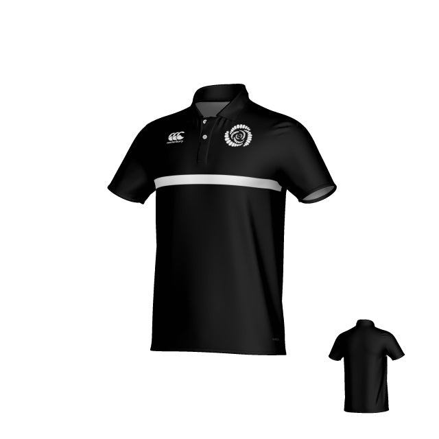 Missoula All-Maggots Canterbury Legacy Performance Polo by Teamatical: black short-sleeve polo featuring a white horizontal stripe, collar, and two white logos on the chest. Back view shown in corner.