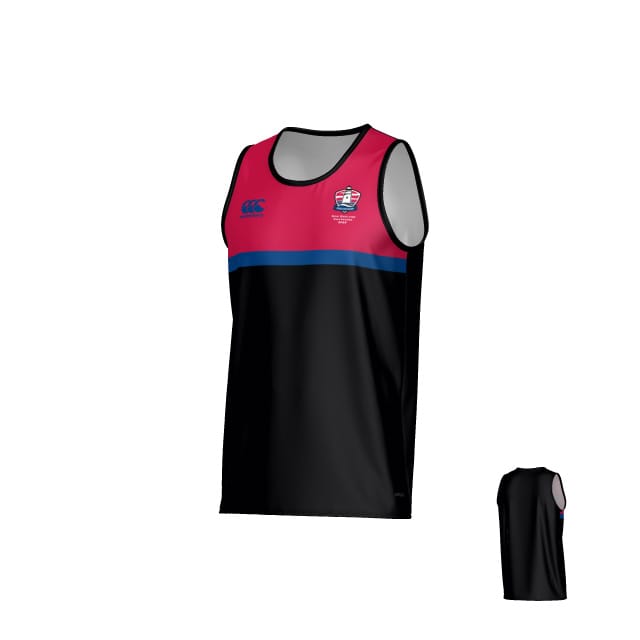 The Teamatical Portland RFC Canterbury Legacy Performance Singlet is a sleeveless athletic tank with a black body, pink upper chest, blue horizontal stripe, front logos, and plain back.
