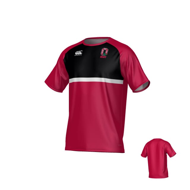 The Teamatical Ohio State University Alumni Canterbury Legacy Performance Tee is a short-sleeved athletic shirt with a red lower half, black upper chest, white horizontal stripe, two front logos, and a plain back.