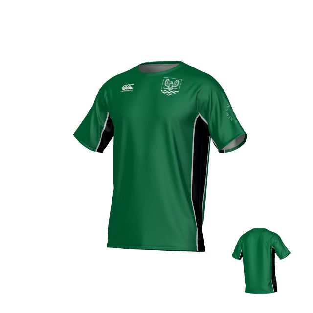 The New Saint Andrews College Jericho Canterbury Kirra Performance Tee by Teamatical features a green short-sleeve athletic design with black side panels, white logos on the chest, and a small image of the back of the shirt displayed in the lower right corner.
