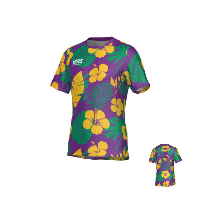 The Teamatical WRS MENS PRO JERSEY - HAWAIIAN features short sleeves, a purple base with yellow hibiscus flowers and green tropical leaf prints, plus "WRS" text on the front and back.