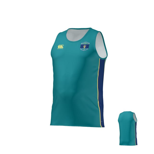 UNCW Women's Rugby Canterbury Performance Singlet by Teamatical: teal athletic tank top with yellow and blue side stripe, left chest team logo, right chest manufacturer logo. Smaller inset shows the back view.