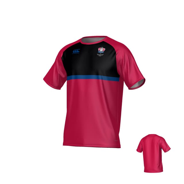 The Portland RFC Canterbury Legacy Performance Tee by Teamatical features red sleeves and lower body, a black upper chest with a blue horizontal stripe, crest logo on the left chest, and a solid red back.