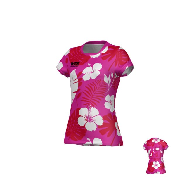 The Teamatical WRS Womens Pro Jersey - Hawaiian is a short-sleeve t-shirt with a vibrant pink and white tropical floral pattern and the "WRS" logo on the front left chest.
