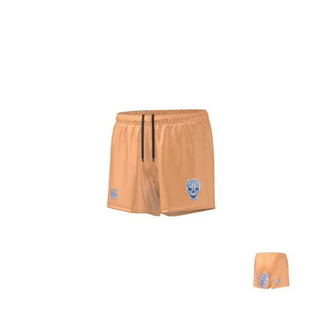 The Teamatical Birmingham Vulcans Zipper Pocket Short features a light orange color, black drawstring, and blue logos on each leg. A smaller duplicate image of the shorts appears in the bottom right corner.