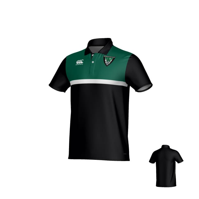 The Teamatical Birmingham Vulcans Canterbury Legacy Performance Polo features short sleeves, a black body, green top panel, white horizontal stripe, a crest logo on the left chest, and a solid black back.