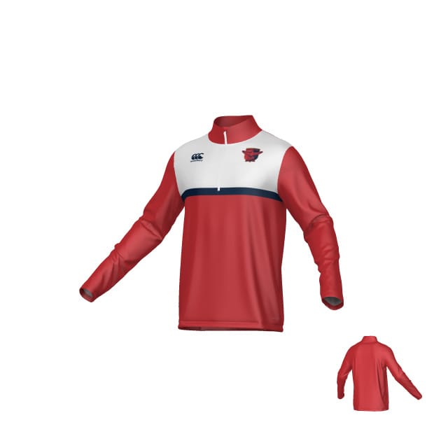 The Teamatical Charlotte Cardinals Canterbury Legacy Midlayer 1/4 Zip sports jersey features red long sleeves, a white upper chest panel, navy stripe, left chest logo, and a plain red back with white shoulders.