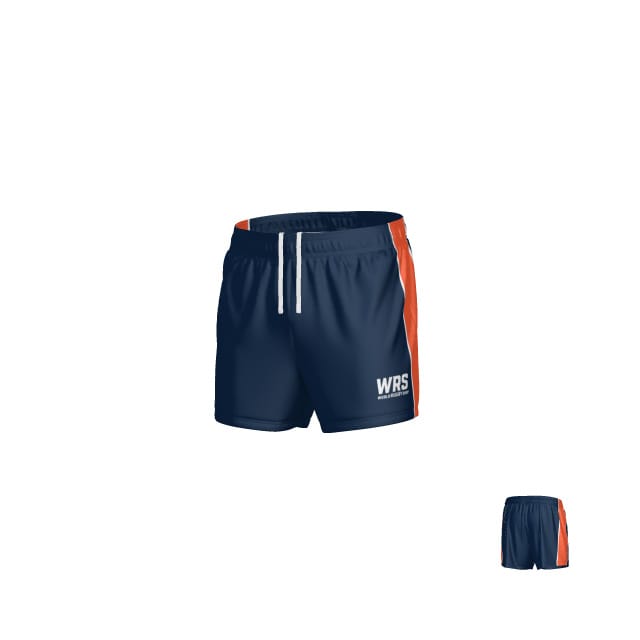 Teamatical WRS MENS PRO SHORT - CLEAN: Navy blue athletic shorts with orange side panels, white drawstring, and "WRS" on the left leg. Front and back views shown.