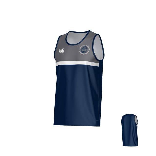 The Georgetown University RFC Canterbury Legacy Performance Singlet by Teamatical is a sleeveless navy blue jersey featuring a gray upper section, white horizontal stripe, and two white chest logos, shown from both front and back.