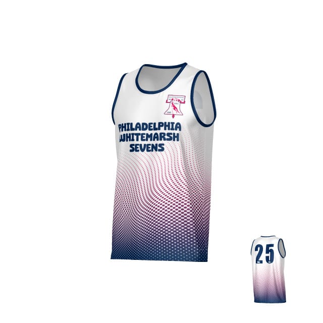 The Philadelphia Whitemarsh Canterbury Performance Singlet by Teamatical is a sleeveless white top with blue collar, gradient pink dots, "PHILADELPHIA WHITEMARSH SEVENS" on the front, and number 25 on the back.