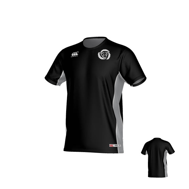 The Missoula All-Maggots Canterbury Reversible Training Tee by Teamatical is a black and gray short-sleeve athletic shirt featuring white chest logos and gray side panels, displayed from both front and back angles against a plain white background.