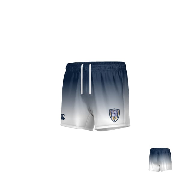 The Teamatical Franklin County High School Canterbury Yokohama Match Short - Mens features white fabric, a navy blue gradient top, elastic waistband with drawstring, and a shield-shaped logo on one leg.
