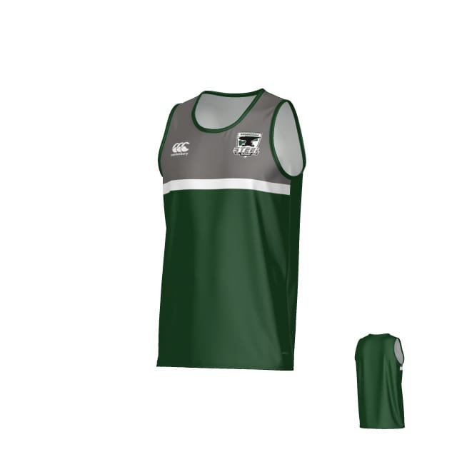 The Birmingham Steel Rugby Canterbury Legacy Performance Singlet by Teamatical features a dark green and gray sleeveless design with a white chest stripe, team logo, small white brand logo, and back view shown at bottom right.