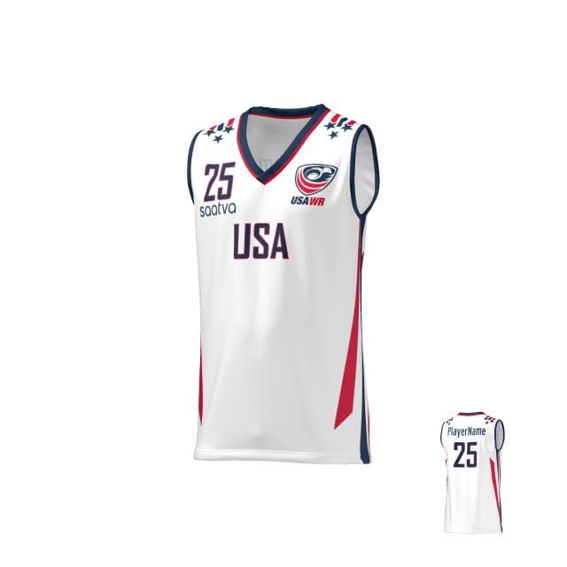 The Teamatical USAWR WHITE MATCH JERSEY features "USA" and number 25 on the front, a sponsor logo, "PlayerName" on the back, and red and blue accents.