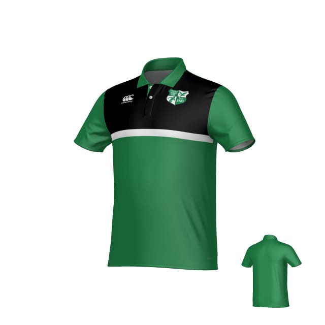 The Teamatical Zionsville Rugby Canterbury Legacy Performance Polo is a green and black short-sleeve collared shirt with a white horizontal stripe, logo on the left chest, and a small white emblem on the right.
