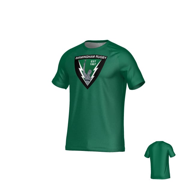 The Birmingham Vulcans DNA Sydney Crew Performance Tee by Teamatical is a green rugby top with a triangle-shaped Birmingham Rugby logo, player graphic, two lightning bolts, "EST. 1907" text on front, moisture management for comfort, and a plain back.