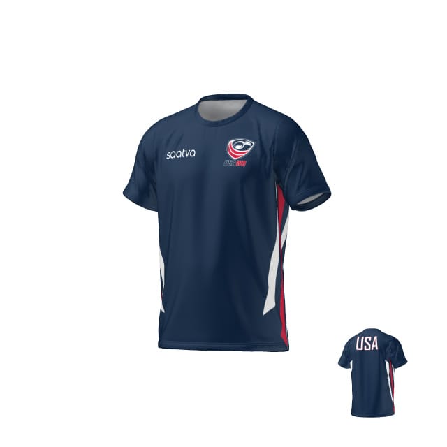 The Teamatical USAWR TRAINING SHIRT is a navy blue short-sleeve jersey featuring white and red side accents, the USA Rugby logo on the front, and "USA" in white letters on the back.