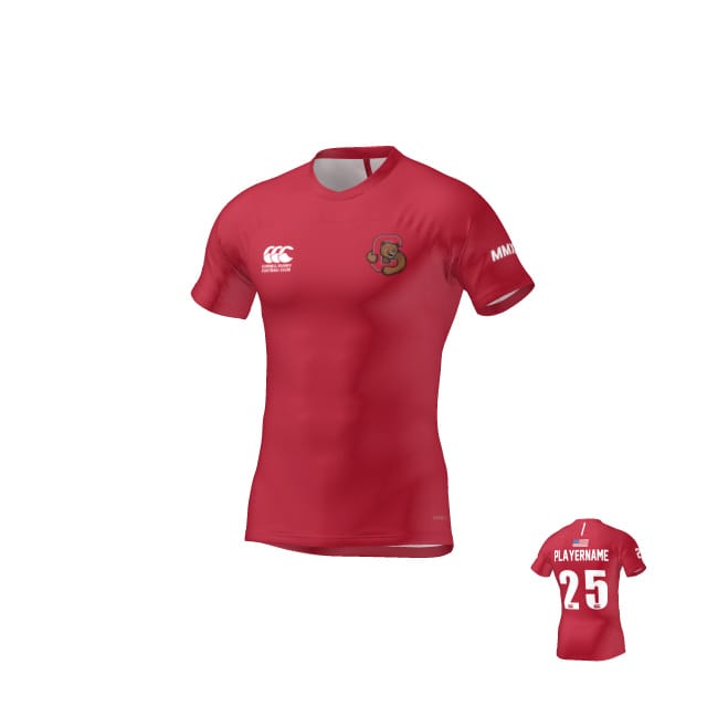 The Teamatical Cornell Rugby Canterbury Maka Jersey is a red short-sleeved sports jersey featuring a chest logo and "25 PLAYERNAME" on the back.