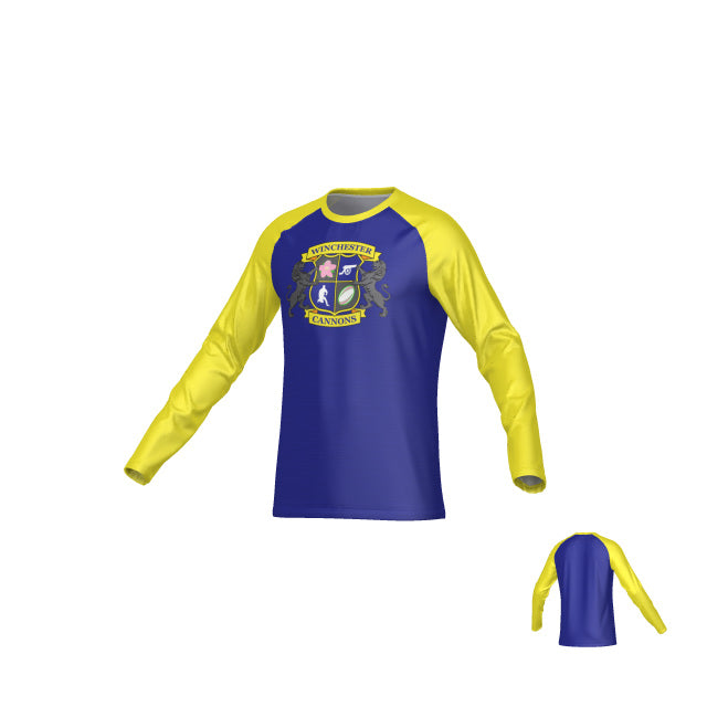 Teamatical Winchester Cannons Sydney Performance Tee - LS, a long-sleeve athletic shirt with yellow sleeves, blue torso, and a "Winchester Cannons" crest on the front.