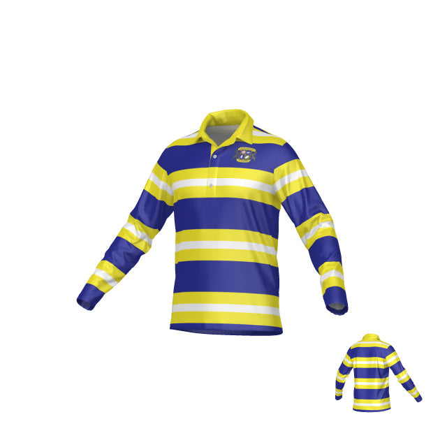 Teamatical Winchester Cannons Signature Pique Polo LS features blue, yellow, and white horizontal stripes, a classic collar, and a small crest on the chest. The bottom right corner displays the back view of the shirt.