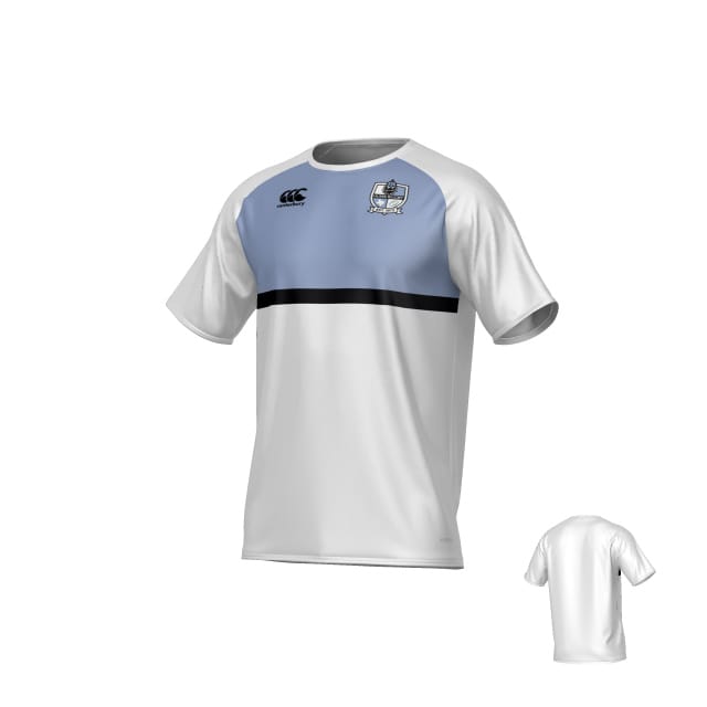 The Austin Huns Canterbury Legacy Performance Tee by Teamatical features white short sleeves, a light blue and black chest stripe, a black logo on the right chest, a crest on the left chest, and a plain white back.