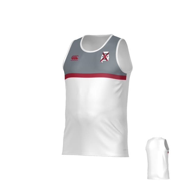Teamatical University of Alabama Rugby Legacy Performance Singlet—white with gray upper, red chest stripe, left-chest logo, small red logo on right; back view inset included.
