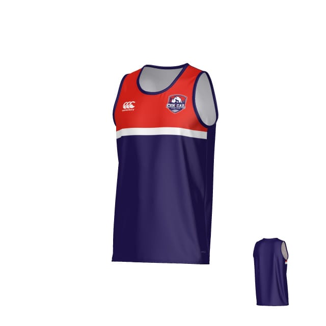The CenCal Rugby Canterbury Legacy Performance Singlet by Teamatical is a sleeveless athletic jersey with a red top, white horizontal stripe, navy blue bottom, chest logo, and small brand mark on the shoulder.