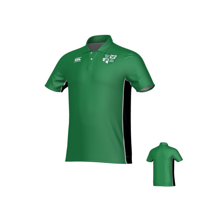 The Teamatical Zionsville Rugby Canterbury Kirra Performance Polo is a green short-sleeve shirt with black side panels, a collar, and two front embroidered logos; back view appears in a small inset.