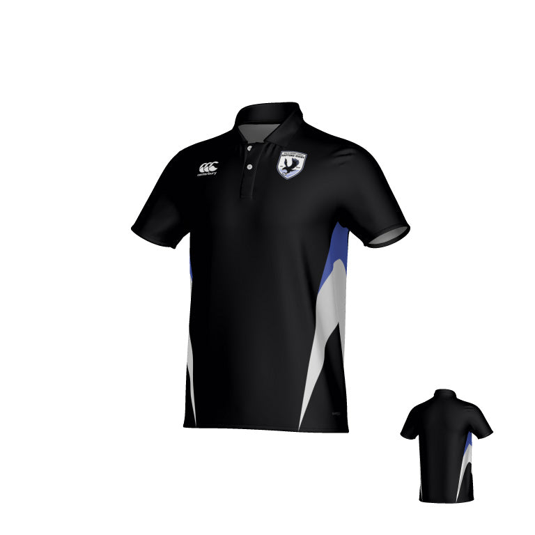 Front and back view of a black South Orange County Raptors Canterbury Hunter Performance Polo with a white bird crest, chest logo, and blue and white side accents.