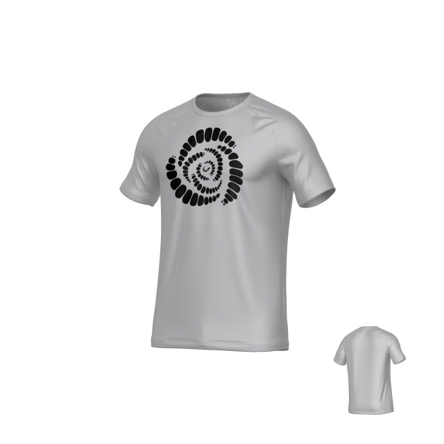 The Missoula All-Maggots Sydney Performance Tee by Teamatical features a white short-sleeve design with a black spiral pattern of oval shapes on the front, while the back remains plain.