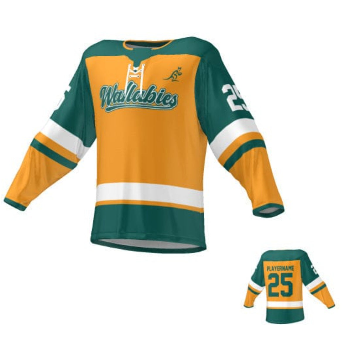 Green and gold Wallabies Classic Lace-Up Hockey Jersey by Teamatical, with the number 25, displayed in two views: front and back.
