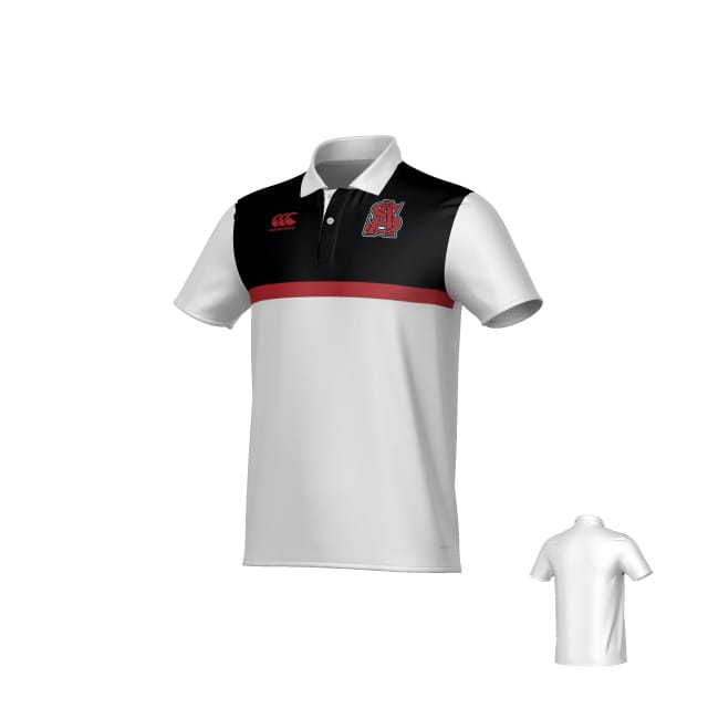 The Teamatical Archbishop Spalding Canterbury Legacy Performance Polo features a white short-sleeve design with a black upper section, a red stripe, red chest logos, and a plain white back.