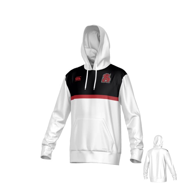 The Teamatical Archbishop Spalding Canterbury Legacy Performance Hoodie features a white body, black upper panel, red chest stripe, logo on the left chest, front pocket, and includes a smaller image showing the back view.
