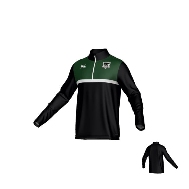 The Teamatical Birmingham Steel Rugby Canterbury Legacy Midlayer 1/4 Zip is a black and green long-sleeve pullover with a white chest stripe, team logo on the left chest, white brand logo on the right, and solid black back.