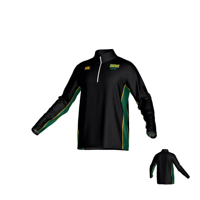 The Teamatical Siena College Canterbury Midlayer 1/4 is a black long-sleeve athletic pullover with green and yellow accents, a quarter-zip front, and "SIENA" logo on the chest; shown from front and back.