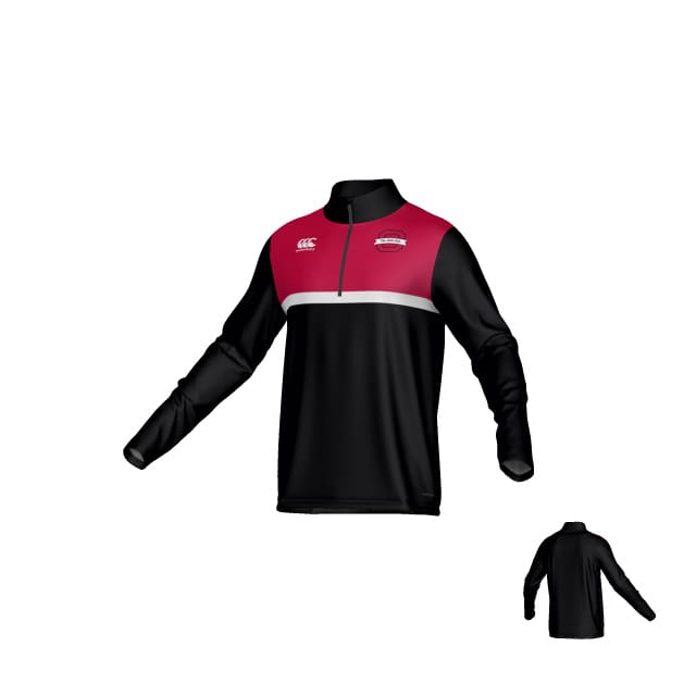 The Ohio State University Alumni Canterbury Legacy Midlayer 1/4 Zip by Teamatical is a long-sleeve pullover with a black body and sleeves, red chest panel, dual chest logos, and features its back view in a small inset.