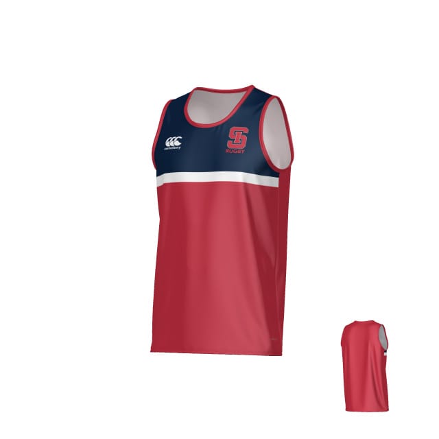The St. Ignatius Rugby Canterbury Legacy Performance Singlet by Teamatical is a sleeveless red and navy jersey with a white stripe, logo on the left chest, manufacturer's logo on the right chest, and a plain red back.