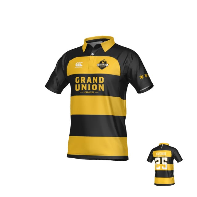 The Teamatical Chicago Riot Canterbury Kaha Regular Jersey - Hooped features black and yellow stripes, "Grand Union" on the front, a chest logo, and "Playername 25" on the back.