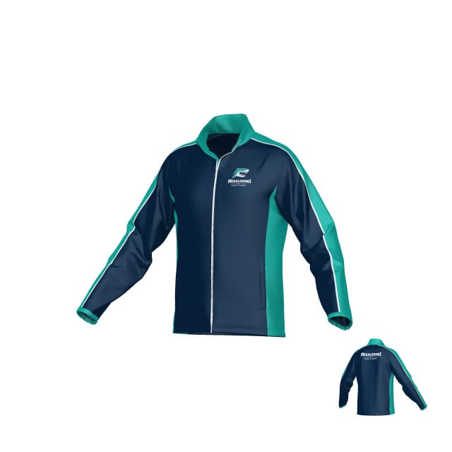 The Teamatical NC Megalodons DNA Denver Woven Jacket in navy blue and teal features white trim, a logo on the left chest and upper back, is made from DNA-DRY polyester for comfort, offers UPF 50 sun protection, and is shown on a white background.