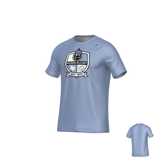 The Teamatical Austin Huns DNA Crew Performance Tee is a light blue short-sleeve crew neck with a "Huns Rugby Est. 1972" shield logo on the front and a plain back, ideal as a rugby training shirt.