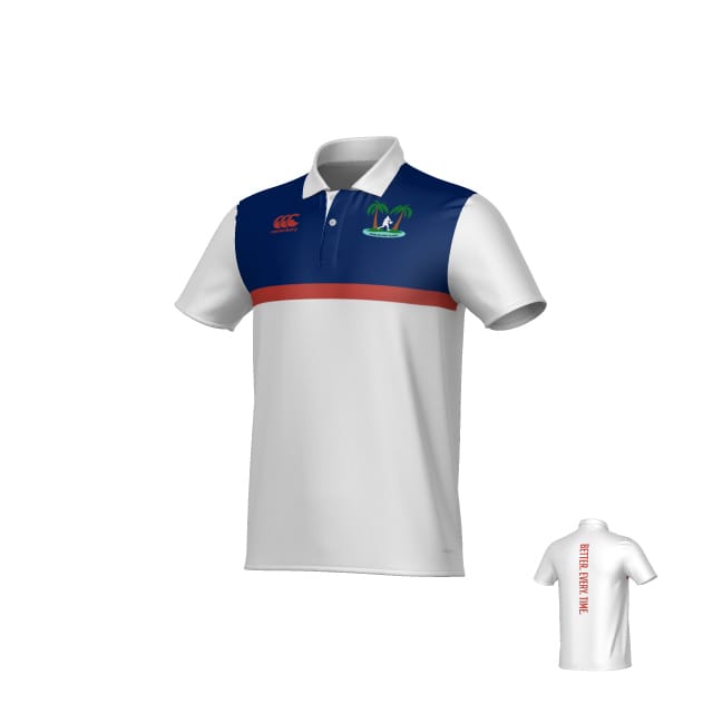 The Twin Island Rugby Canterbury Legacy Performance Polo by Teamatical features a white short sleeve design with a blue upper section, red stripe, chest logo, and “BETTER CRICKET FOR ALL” printed in red on the back.