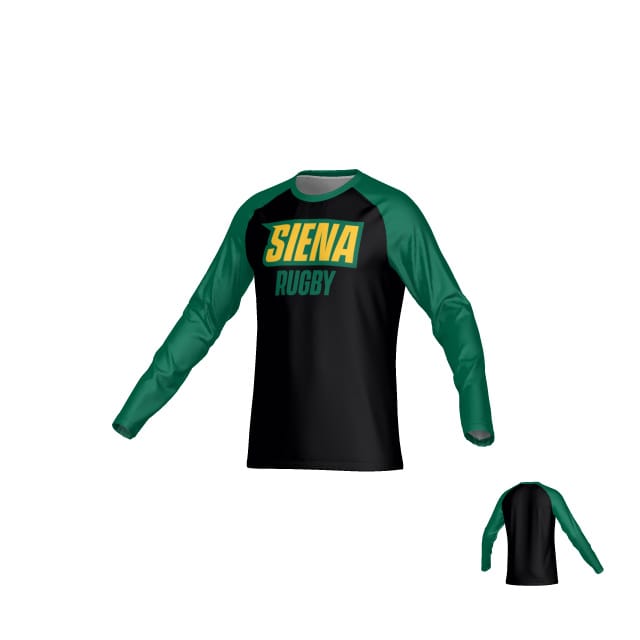 The Teamatical Siena College DNA Sydney LS Crew Tee features green sleeves, a black body and back panel, "SIENA RUGBY" in yellow and green on the front, and moisture-management fabric for comfort.