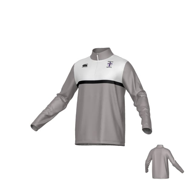 The Teamatical St. Augustine High School CANTERBURY ECO-SUBLIMATE MID-LAYER Q-ZIP - MENS is a long-sleeve gray pullover with white/black chest stripe, small left-chest logo, and short collar; back view shown in the corner.