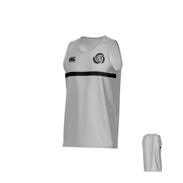 Missoula All-Maggots Canterbury Legacy Performance Singlet by Teamatical, shown from front and back angles, features a white sleeveless design with a black horizontal stripe, embroidered chest logos, and a plain back.