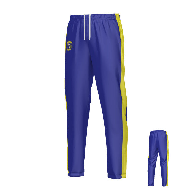 Teamatical Winchester Cannons Denver Woven Pants in royal blue feature yellow side stripes, a white drawstring, and a small logo on the left thigh. The rear view inset highlights the consistent color scheme and stripe design across the back.