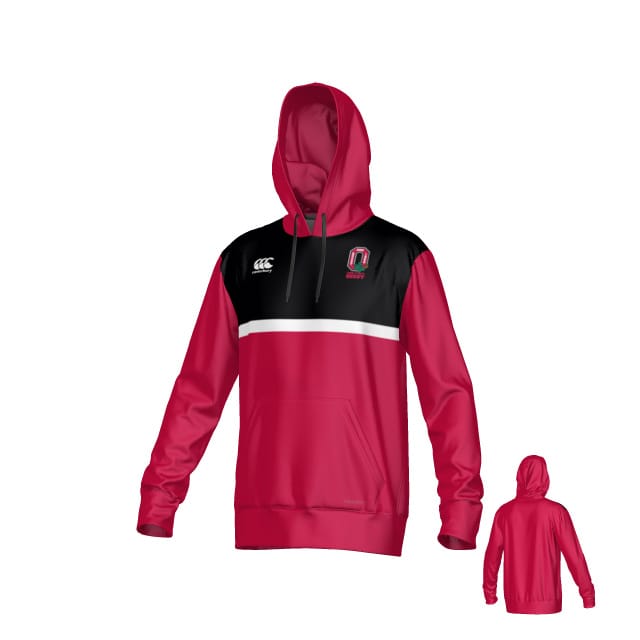 Teamatical Ohio State University Alumni Canterbury Legacy Performance Hoodie in red and black, features a white stripe, kangaroo pocket, embroidered chest logo, and back view.