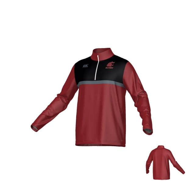 The Teamatical Washington State Rugby Canterbury Legacy Midlayer 1/4 zip features maroon and black long sleeves, a gray chest stripe, cougar logo on the left side, and a solid maroon back.