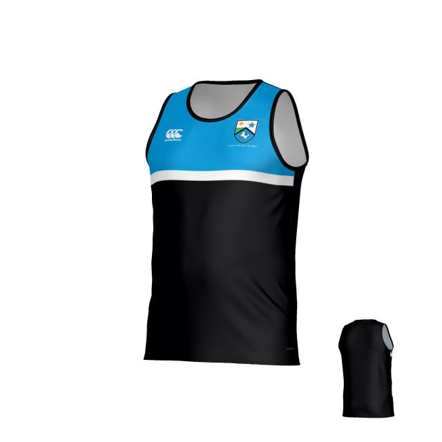 The Las Colinas Canterbury Performance Singlet by Teamatical features a sleeveless design with a blue upper, white stripe, black lower section, and crest and logo on the chest. A smaller rear view is shown on the right.