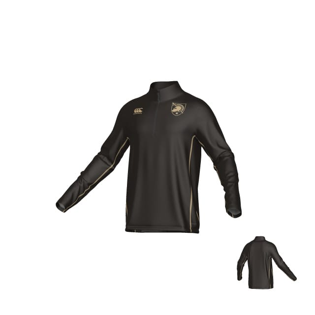 The Teamatical West Point Canterbury Kirra Midlayer 1/4 zip is a long-sleeve black athletic pullover with gold trim, a chest crest logo, and quarter-zip front. Both front and back views are shown.